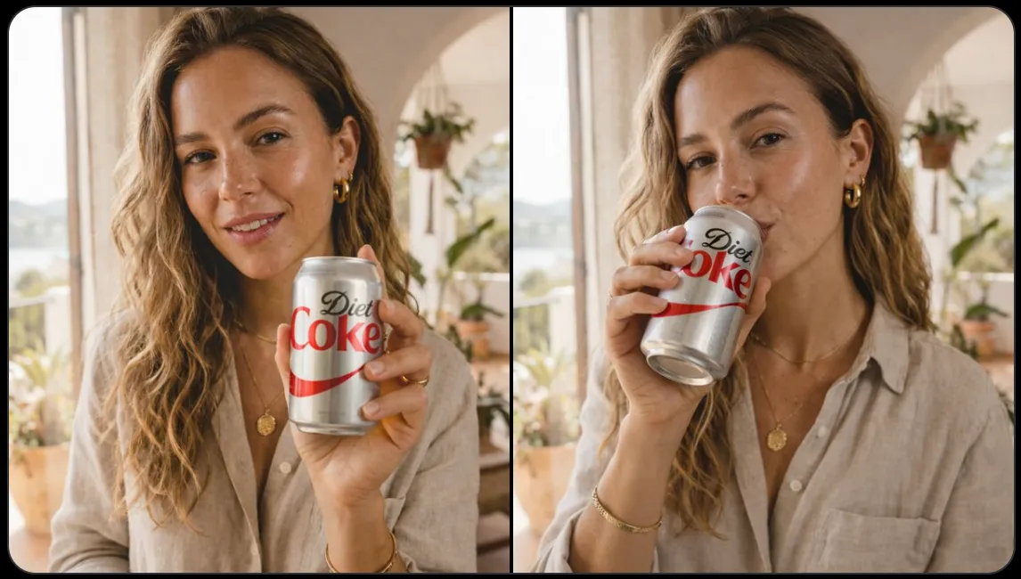 Make the woman start drinking a Coca-Cola. Preserve the original image style, lighting, and composition.